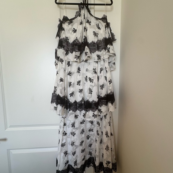 Sachin + Babi Noir Black and White Lace Ruffle Evening Gown Dress - Picture 3 of 8